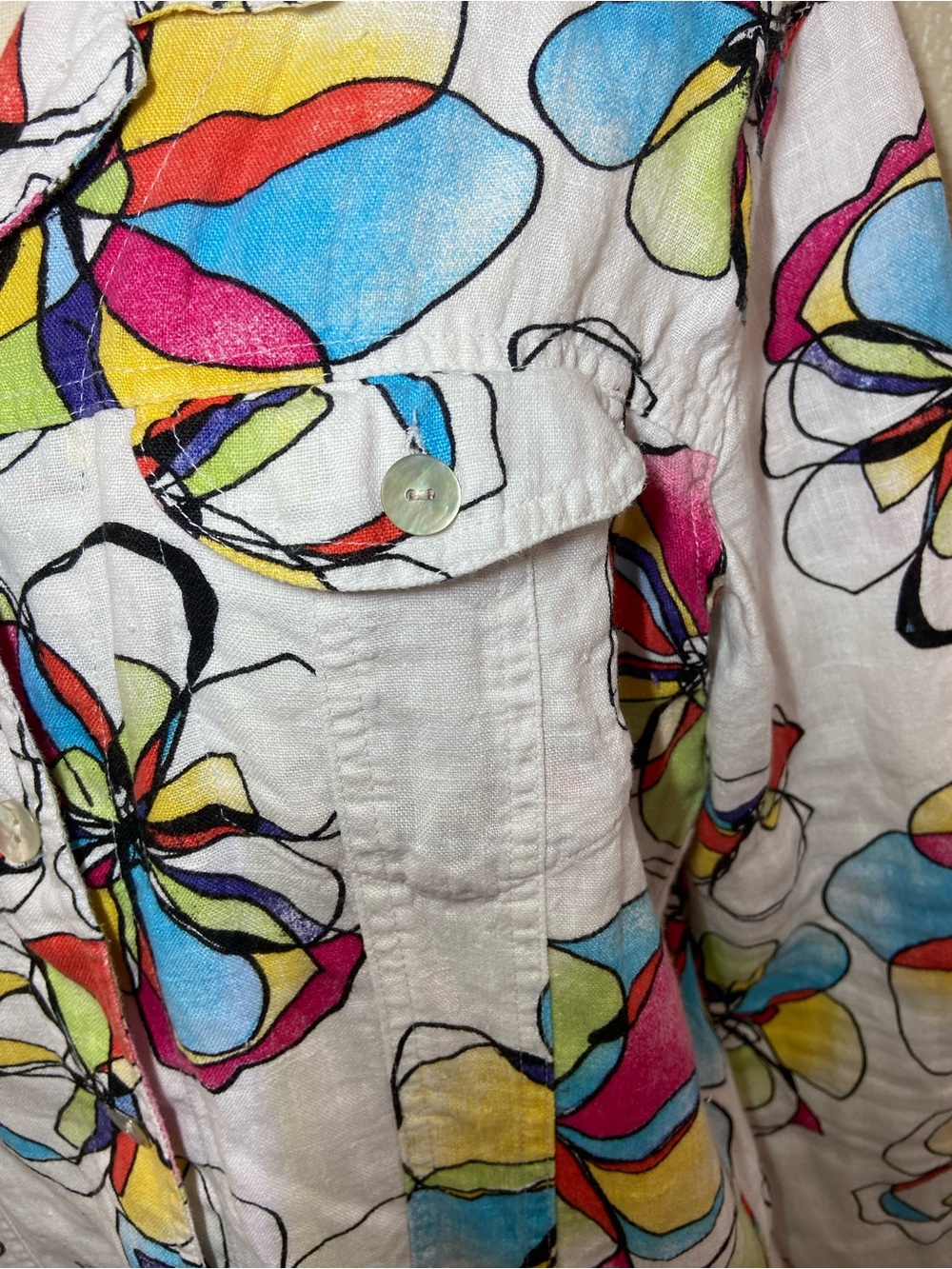 Chico's White Button-Down Blouse with Multicolor Floral Print size:2(L)100%linen - Picture 5 of 11